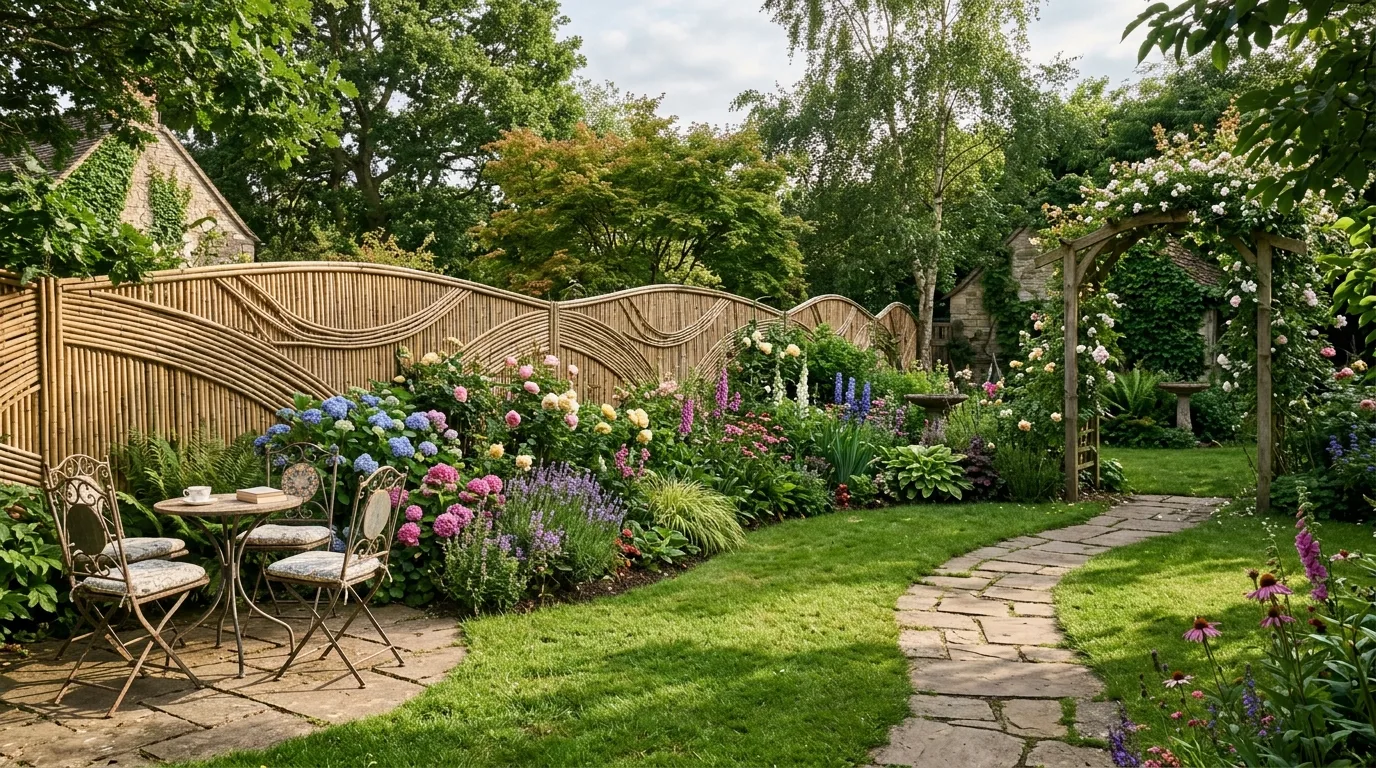 Backyard With Curved Bamboo Fence Design